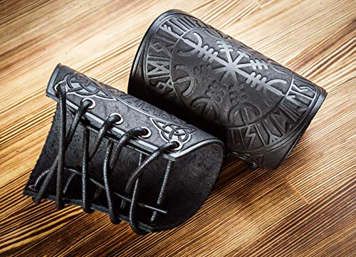 Leather Cuff Bracer - LARP Gauntlet - Leather Wristbands - LARP Accessories Viking Bracers - Archery Armguard - Aegishjalmur Helm of Awe - Length 5" - Thumbnail 4