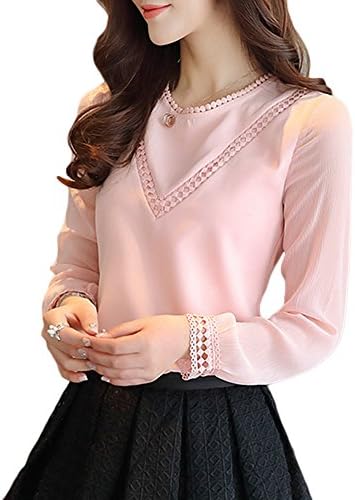 Women's Hollow Out Design with Lace Crochet Elegant Long Sleeve Trim Blouse