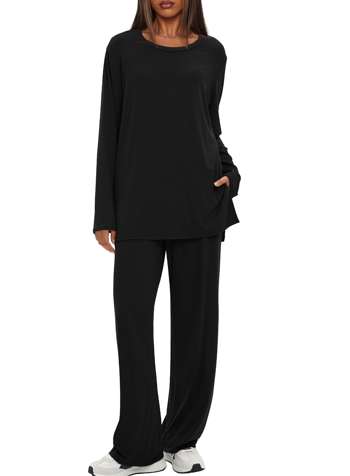 Photo 1 of Darong Two Piece Sets for Women Fall Outfits Lounge Sets Casual Long Sleeve Shirts Wide Leg Pants Vacation Travel Outfits 9088A Black M