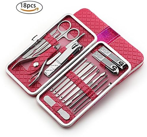 Nail Clipper Travel Set,18 in 1 Stainless Steel Manicure Pedicure Set Nail Cutter Scissors Care Set Tweezers Knife Ear Pick Eyebrow Scissors Utility Tools Grooming Kits with Leather Case (Pink)
