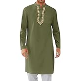 Runcati Mens Kaftan Thobe Button Down Casual Henley Shirts Long Sleeve Robe Cotton Linen Muslim Gown Shirt