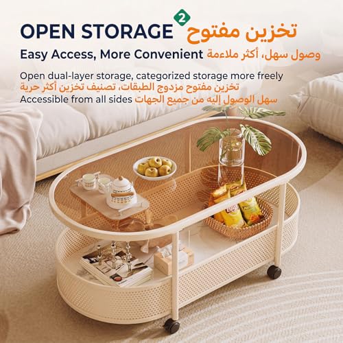 ALISMAEEL Coffee Table Movable Round Side Table 2-Tier End Table with Braked Universal Wheels, Open Double-Layer Storage Scratch-resistant High-temperature, Easy-to-clean Glass (60 * 40 * 50 cm)