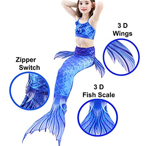 Kids Girls Sparkle Mermaid Tail with Monofin Swimmable Swimwear 4pcs Sets for Kids 3~10Years (110 (4-5 Years), A-Dark Blue) - Thumbnail 2