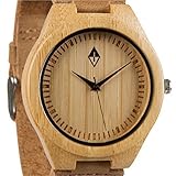 Woodgrain Bamboo Wooden Watch with Genuine Brown Cow Leather Strap Quartz Analog Casual Wood Watches