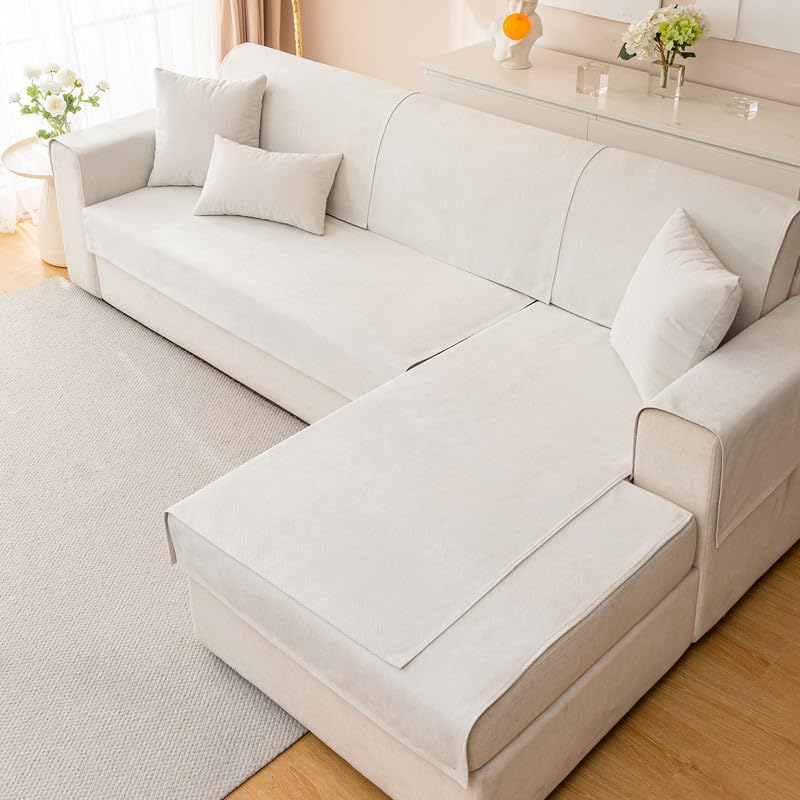 Mingfuxin Chenille Sofa Cover Slipcovers 1 2 3 4 Seater, Universal Non-Slip Corner Sofa Covers L shape Sectional Sofa Couch Cushion Covers Furniture Protector for Living Room(Ivory White,90 * 240cm)