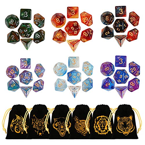 GWHOLE 42 Pcs(6 Sets) Polyhedral Dice with Gold Pattern Drawstring Pouches for DND RPG MTG Dungeon and Dragons Table Board Roll Playing Games Style 2