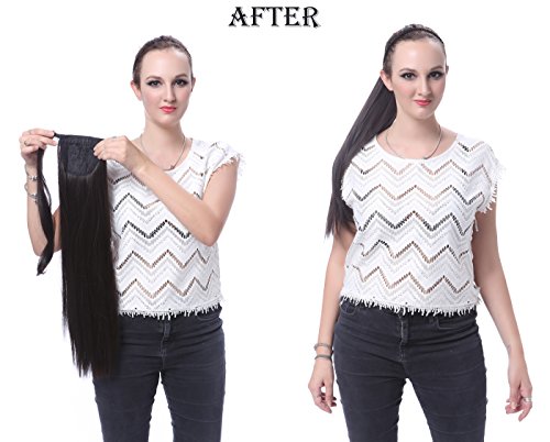 OneDor 24" Straight Wrap Around Ponytail Extension for Woman Synthetic Hair 120g-130g (1B# Off Black)