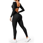 YEOREO Long Sleeve Jumpsuits for Women V Back Bodysuit Workout Full Length Bodycon Scrunch Leggings One Piece Romper