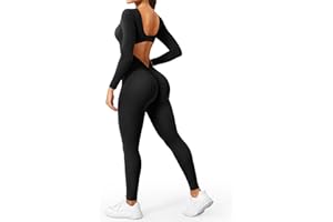 YEOREO Long Sleeve Workout Jumpsuit for Women V Back Bodysuit Lizvette Scrunch Leggings One Piece Romper Full Length Bodycon