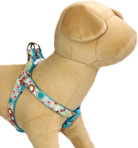 Small dog harness : Retro turquoise blue floral print cotton 100% designer ribbon on heavy duty turquoise nylon backing. Adjustable &amp; comfortable step in dog harness for pupy, toy dog, teacup dog &amp; small dog. Handcrafted and made in USA. 5/8 inch, S.