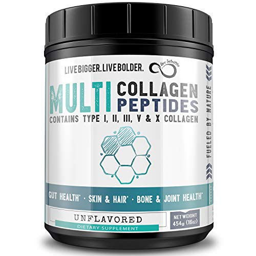 Multi-Collagen Peptides Protein Powder - Type I, II, III, V & X - Pure Blend of Grass-fed Beef, Chicken, Eggshell, Wild Fish & Bone Broth - All 9 Essential Amino Acids - Unflavored (Unflavored, 16oz)