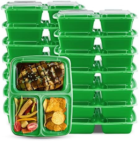 Glomery 3 Compartment Reusable Bento Lunch and Food Storage Container with Airtight Lid, Stackable, Microwavable, Freezer & Dishwasher Safe Green, 14 Pack