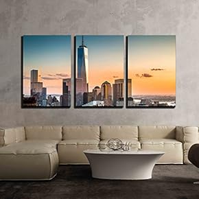 3 Piece Canvas Wall Art - Lower Manhattan Skyline at Sunset - Modern Home Art Stretched and Framed Ready to Hang - 16"x24"x3 Panels