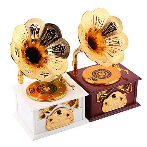 Wind up Music Box Vintage Look Music Box With Jewelry Box - Table Desk Decoration and Gift (Disc Machine, Brown)