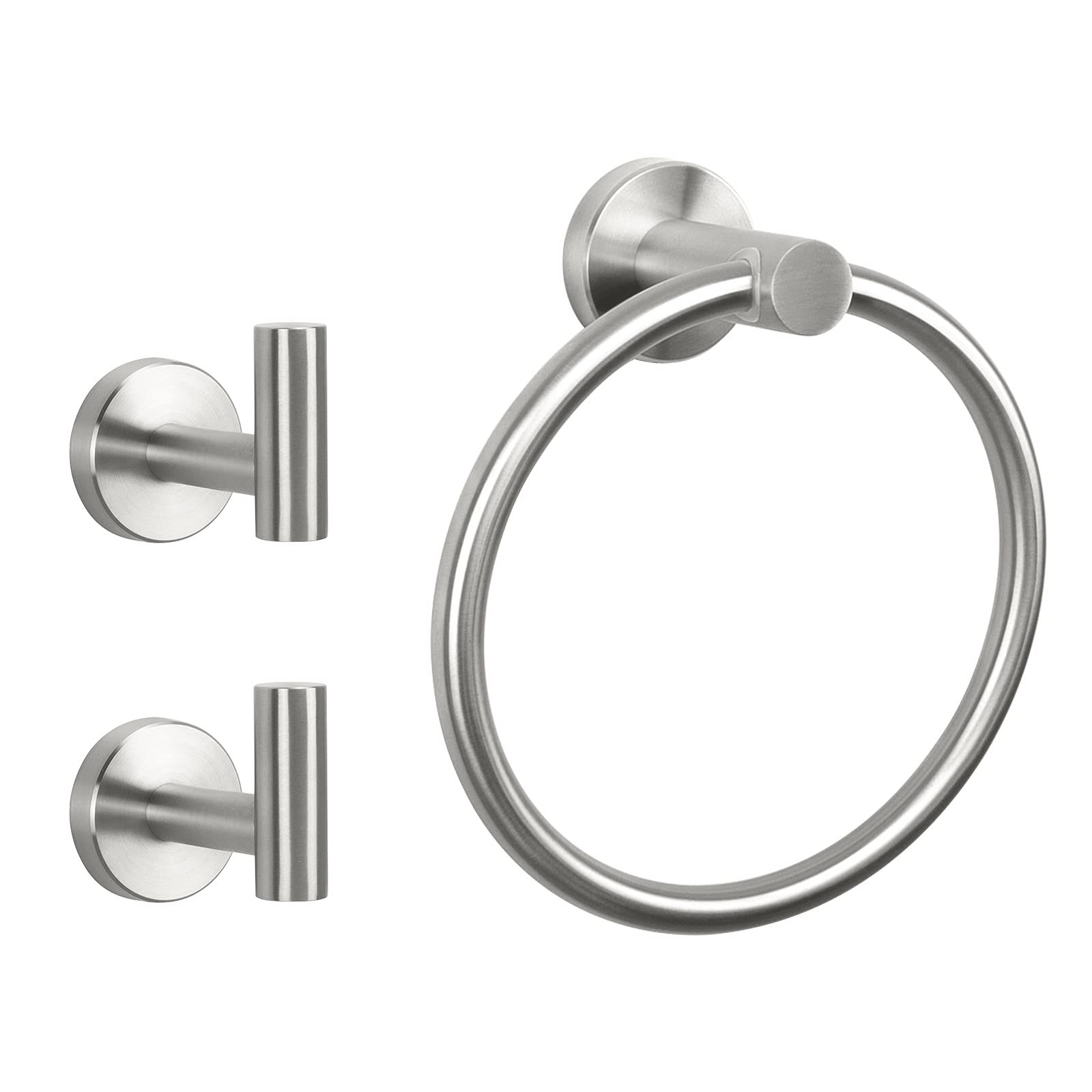 NearMoon 3 Pieces Bathroom Hardware Set, Bath Towel Ring and 2 Towel Hooks- Stainless Steel Hand Towel Hanger and Robe Hooks Accessories, Wall Mounted (Brushed Nickel)