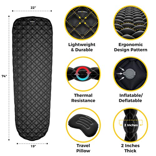HONEYBULL Sleeping Pad (Comfy Pillow & Travel Bag Included) Lightweight Comfortable Sleep Mat Perfect for Camping and Traveling | Inflates in Just 1 Minute (Black)