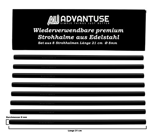 ADVANTUSE - Wiederverwendbare Edelstahl Strohhalme, schwarz - Set 8 STK. - Länge 21cm Durchmesser 8mm… – Bild 4