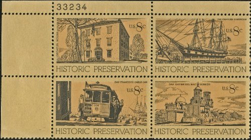 HISTORIC PRESERVATION ~ SAN XAVIER DEL BAC MISSION ~ DECATUR HOUSE ~ WHALING VESSEL ~ CABLE CAR #1443a Plate Block of 4 x 8 US Postage Stamps