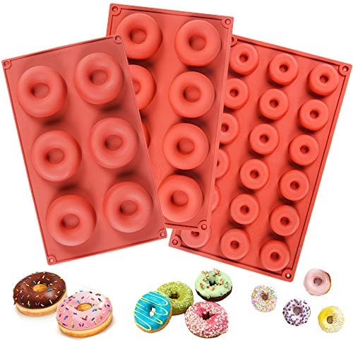 3 Pack Silicone Donut Moulds, 6 Cavity 8 Cavity 18 Cavity Non-Stick Baking Tray Maker Pan Heat Resistant for Cake Biscuit Bagels Muffins