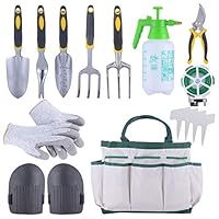 Sonyabecca 12pcs Garden Tools Set Gardening Gift Kit Ergonomic Gardening Tools with Garden Tote 6 Hand Tools Anti-Cutting Gloves Sprayer Knee Pads Plant Labels Plant Rope