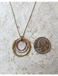 De la tierra y el Océano collar con colgante hecho a mano Sunrise, Triple Círculos en Tri-tone Cobre, Latón y plata