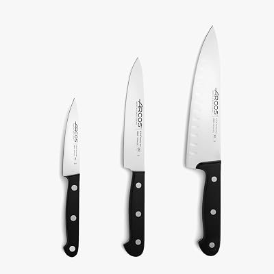 Estojo arcos com 3 facas de cozinha básicas. pacote de facas com lâmina de aço inoxidável e cabo de polieximetileno próprio para máquina de lavar louça. série universal. cor preta