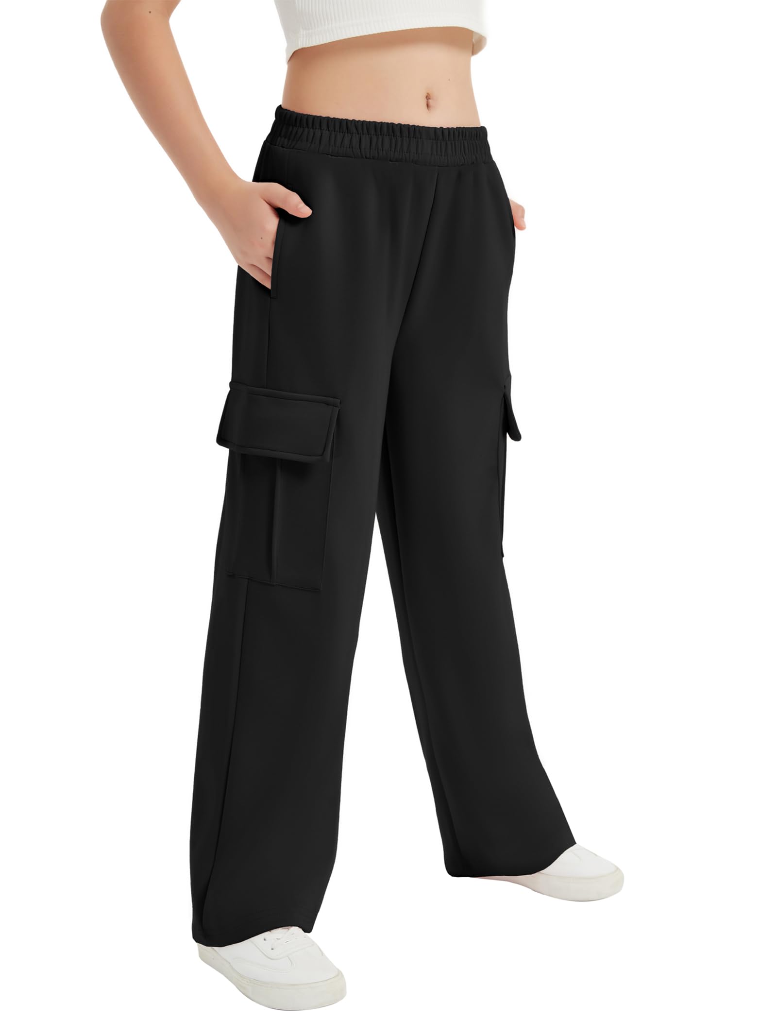 Photo 1 of EXARUS Girls Cargo Sweatpants Baggy Swaet Pants for Girls Wide Leg High Waisted Elastic Waistband Causal Pant Daily Black 14Y