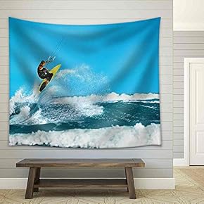 Recreational Water Sports Action. Healthy Man (Surfer) Kiteboarding (Kite Surfing) on Waves in Sea, Ocean - Fabric Wall Tapestry Home Decor - 51x60 inches