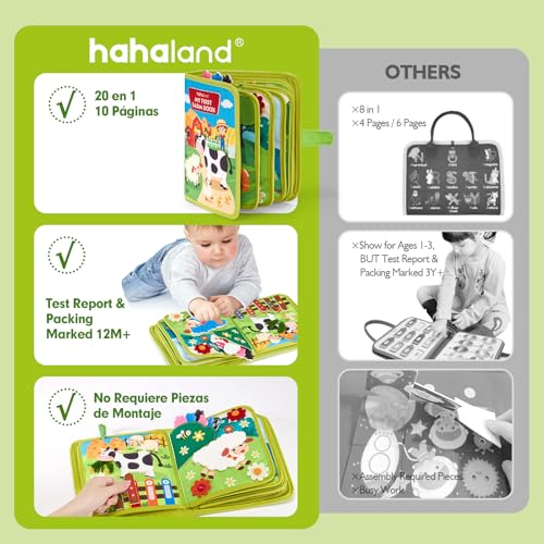 hahaland Montessori Book 1 Year - 20 in 1 Busy Activity Board, Interactive Book Montessori Toys for Children 1 2 3 Years - 10 Pages Animals Farm