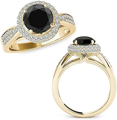 1.5 Carat Black Diamond Beautiful Double Round Halo Anniversary Fancy Love Promise Ring 14K Yellow Gold
