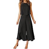 ROYLAMP Women's Summer 2 Piece Outfits Round Neck Crop Basic Top Cropped Wide Leg Pants Set Jumpsuits