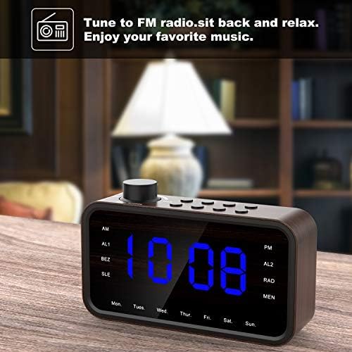 Digital Alarm Clock Radio, WoodGrain FM Radio with Large Blue LED