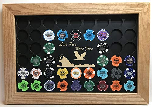 Black 11x17 with 3x5 cut out for photo Motorcycle Poker Chip Display Case with Oak Frame and Mat. Works with Harley Davidson Poker Chips. - Thumbnail 4