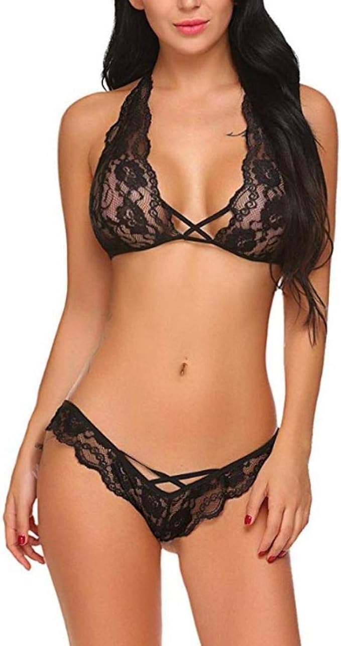 Evokems Conjunto de lencería de Encaje Transparente con Tirantes Ahueca hacia Fuera para Mujer Conjuntos de lencería