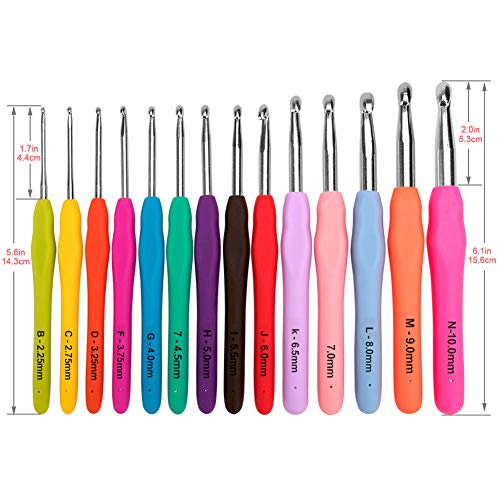 Pveath All-in-One Crochet Hooks Set, 14Pcs Full Size Soft Handles Knitting Needles Kit + 10Pcs Crochet Locks + 9 Large Eye Hand Sewing Hooks + Crochet Hook Case, for Adults Beginners
