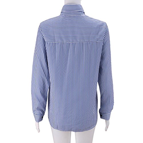 Nevera Women Striped Long Sleeve Loose V Neck Blouse Casual Ladies T Shirt Tops (L, Blue)
