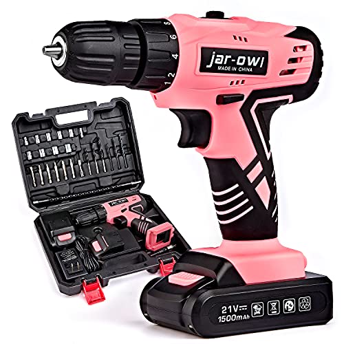 jar-owl 21V Pink Tool Set with Drill, Cordless Drill/Driver Set with 3/8 Inch Keyless Chuck,1.5AH 2PCS Battery and Charger for Home Tool Kit