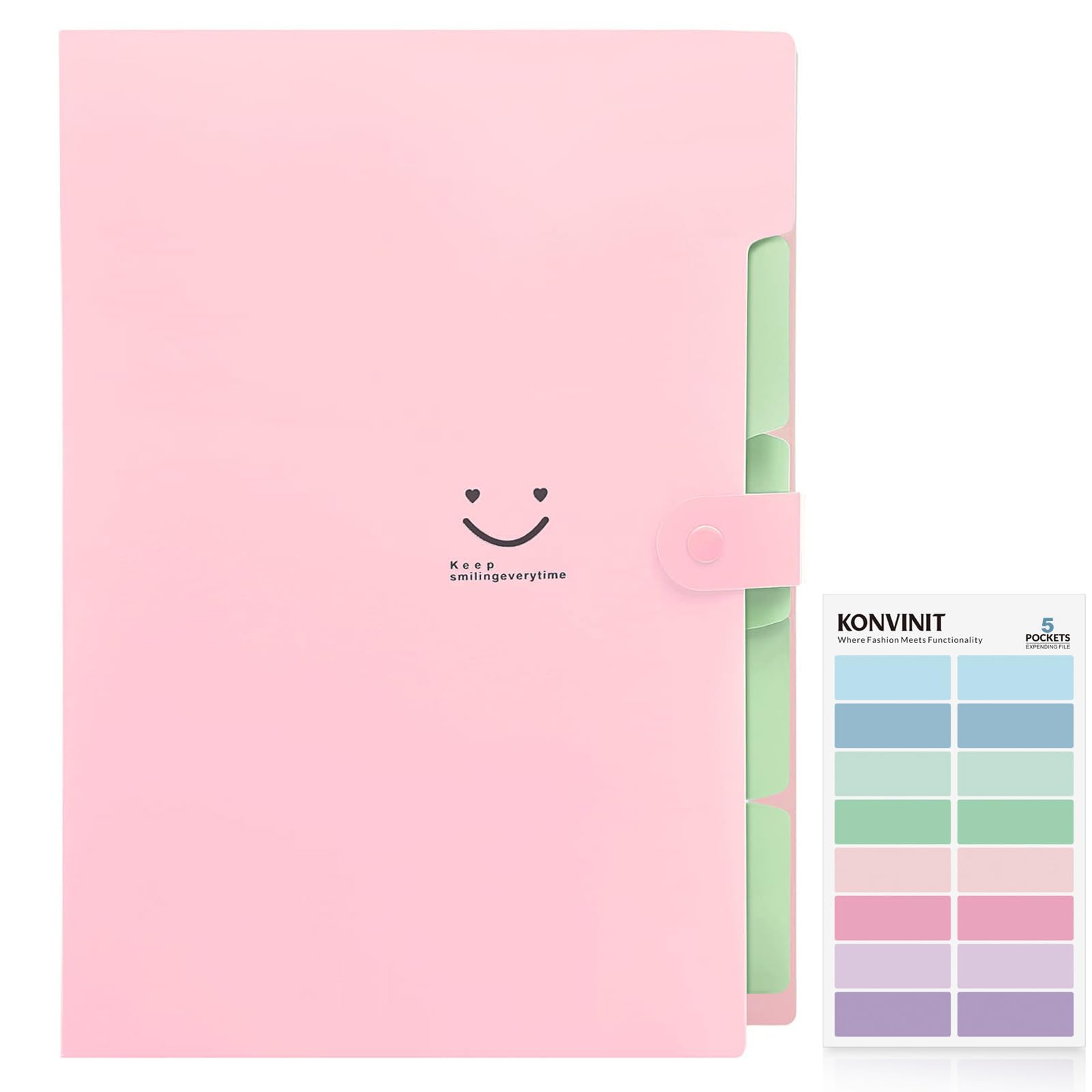 KONVINIT Expanding File Folder Wallet Documents A4 File Folder Pockets with Buckle Closure for Office, Folder with 5 Pockets, Pink Cover