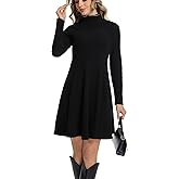 Chongbaijia Long Sleeve Dress for Women Turtleneck Ribbed Knit A-Line Flowy Casual Elegant Fall Winter Fashion Short Dresses