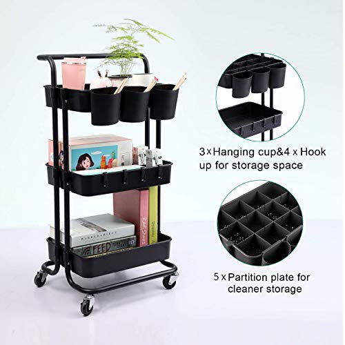 VARMHUS Three Tier Rolling Cart,Craft Cart Organizer with Wheels,Art