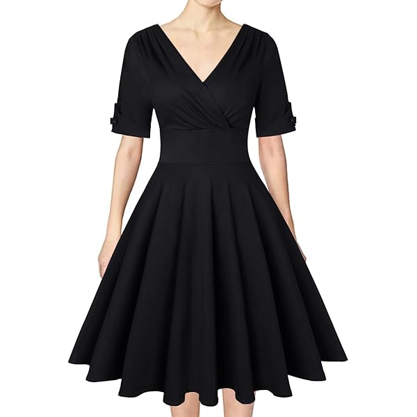 OMZIN Womens Casual Dress V Neck Cap Sleeve Midi Cocktail A