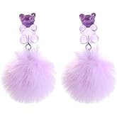 Gummy Bear Earrings Pom Pom Bear Drop Earrings Colorful Cartoon Pom Ball Gummy Bears Dangle Earring for Women