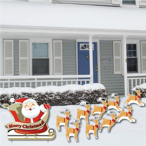 Merry Christmas! Santa and 9 Reindeer - Christmas Lawn Display/Yard Card Set â€“ 10 pcs total