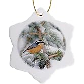 3dRose Red Breasted Nuthatch in Blue Atlas Cedar in Winter, Marion Co Il Snowflake Ornament, 3"