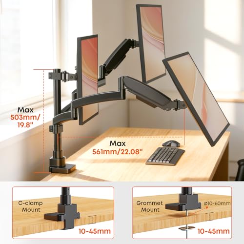PUTORSEN Monitor Mount 3 Monitors for 17-32 Inch Screens, 10 kg per Arm, Adjustable Monitor Mount 3 Monitors with Heavy Duty Clamp and Feed-Through Mount, VESA 75/100 mm