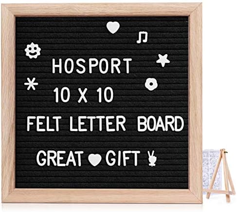 HOSPORT Felt Letter Board 10x10 Inches Changeable Letter Board Include 376 Pre-Cut White Letters & Emoji and Organization Box Wooden Message Board with Stand Black Great Gift