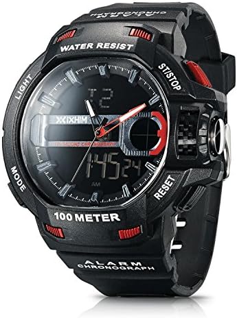 Men’s Sport Watch Chronograph #A2001 by IXHIM – Multifunctional, Dual Digital &amp; Analog Time Display Casual Outdoor Watch - Racing Design - 100m 330 ft Water Resistant - Black PU Band (Red)