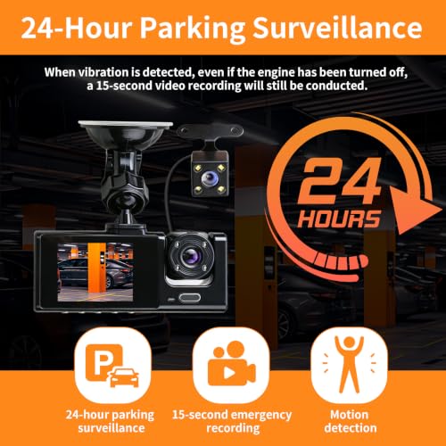 Angulo Ultraamplio 170° 3 Cameras 1080P Car Dashcam, Night Vision IR G-Sensor, 24H Parking Mode, Built-in WiFi Loop Recording, Ideal for VTC Driver and Car Security