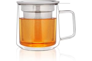 CNGLASS 12oz Double Walled Glass Tea Cup with Stainless Steel Infuser and Lid,Borosilicate Glass Tea Infuser Mug for Loose Te