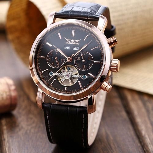 Gute Luxury Men's Automatic Mechanical Wristwatch RoseGold Case Dress Watch Black Dial PU